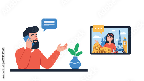 Man talking on his mobile phone while looking at a tablet screen displaying famous European landmarks like the Eiffel Tower and Colosseum.