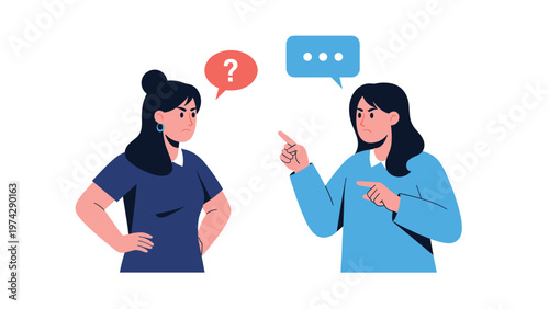 Two women having an intense argument with angry facial expressions and pointing fingers with speech bubbles above them.