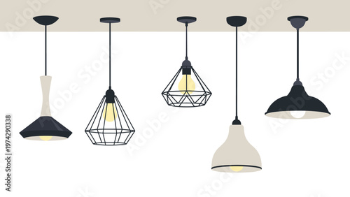 Set of modern industrial pendant light fixtures hanging from a ceiling in different geometric shapes and designs.