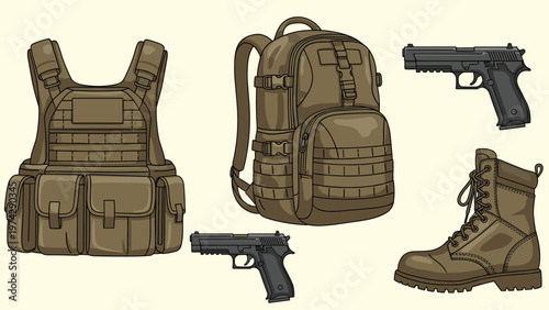 Tactical military equipment set featuring a body armor vest, backpack, combat boot, and semi-automatic handguns.
