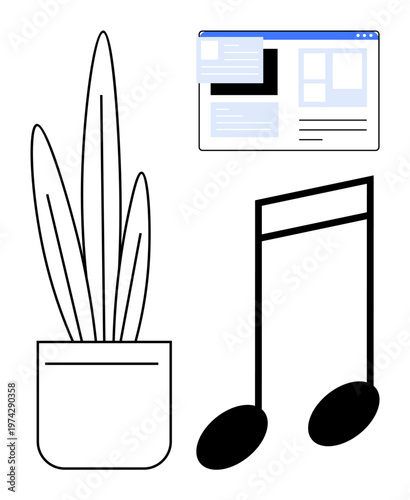 Creativity, music inspiration, user interface design, digital tools, productivity, minimalist art. Music note, potted plant and website layout in a clean vector style. Creativity and music