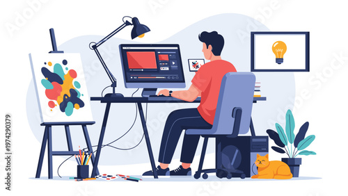 Creative digital artist working on a graphic design project at a home office desk with computer, cat, and painting easel.