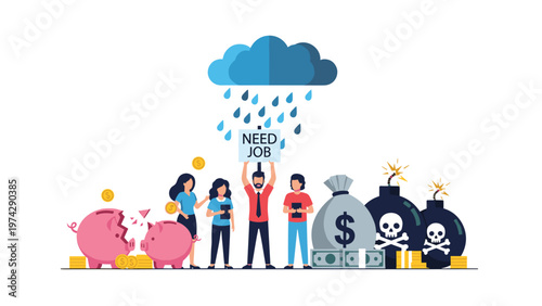 Struggling people facing economic crisis standing under a rain cloud while one man holds a sign asking for employment.