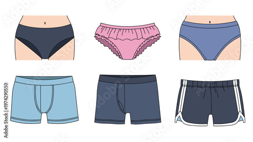 Collection of various styles of men and women underwear including briefs, panties, boxers, and athletic shorts.