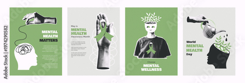 Mental Health wellness halftone collage poster set. World day, May Awareness month cards copy space. Vector graphics for print, web. Psychological well being concept, absence of stress and depression