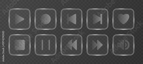 Glassmorphism Media Player Button icons set. 3d box shape for control interface elements. Play, pause, stop, next, fast, like. Vector illustration Glass morphism