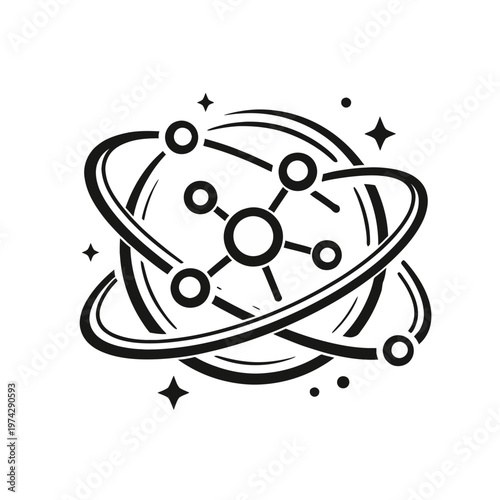 Abstract atomic structure illustration with orbiting electrons and interconnected nodes representing molecular bonds and cosmic energy