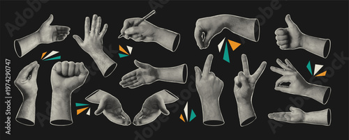 Halftone man Hands set. Retro Collage stickers with various hand gestures. Magazine Paper cut out emoji vintage business elements. Modern Grunge punk dotted pattern. Trendy vector illustration.