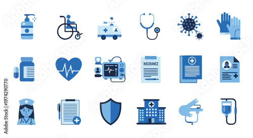 This vector set features 18 flat blue-themed medical icons, including a stethoscope, ambulance, and hospital, for healthcare-related designs.