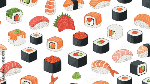 Delicious and colorful seamless pattern of various types of sushi, sashimi, and rolls including salmon, tuna, and roe.