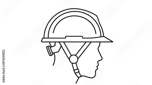 Profile line drawing of a human head wearing an industrial safety hard hat with a secure chin strap for protection.