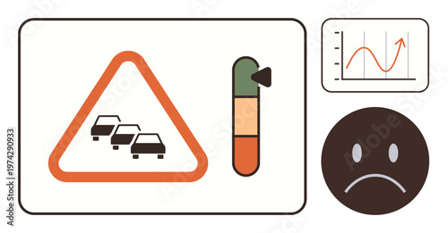 Traffic management, road safety, congestion analysis, transportation metrics, data visualization, emotional responses. Warning sign with cars, level indicator graph and sad face. Traffic management