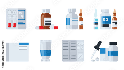 Comprehensive set of medical supplies including pill bottles, blister packs, tubes of cream, and liquid medication vials.