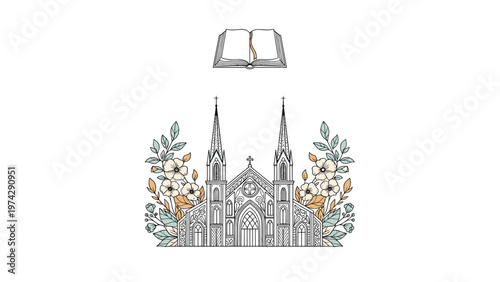 Intricate sketch of a gothic cathedral church building framed by delicate flowers with an open book icon floating above.