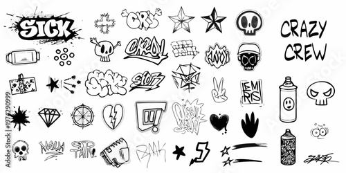 Collection of hand drawn graffiti style doodles and lettering silhouette
