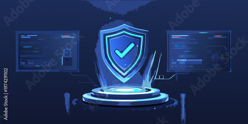 Digital security concept with glowing shield and servers silhouette