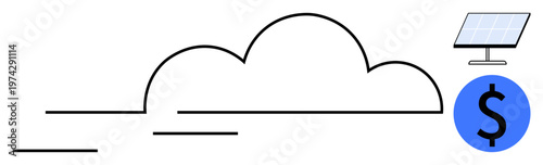 Sustainable energy, cloud computing, renewable technologies, economic growth, green business, and power generation. A cloud, solar panel and dollar sign . Sustainable energy and cloud computing