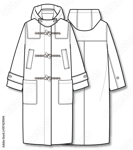 Women Long Duffle Coat Flat Sketch, Toggle Closure Hooded Overcoat Technical Drawing Front Back, Minimal Line Art Vector