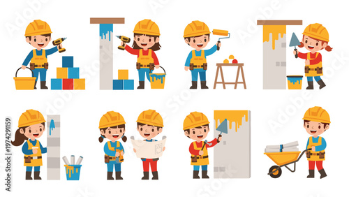 Adorable children characters playing as construction workers using various tools and building with colorful blocks.