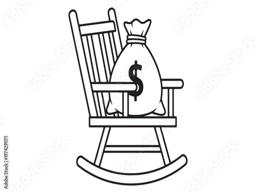 A simple black and white illustration of a rocking chair with a money bag on it