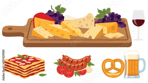 Gourmet food set featuring a wooden cheese board with grapes, red wine, lasagna, grilled sausages, and beer.