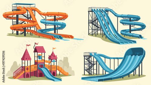 Collection of colorful water park attractions including large slides, tunnels, and a splash play castle structure.
