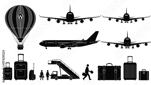 Black and white airport icons featuring different airplanes, hot air balloons, suitcases, ground crew, and travelers.