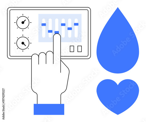 Healthcare monitoring, water management, sustainability, user interface, remote control, digital solutions. Hand pointing to a control panel. Healthcare monitoring and water management concept