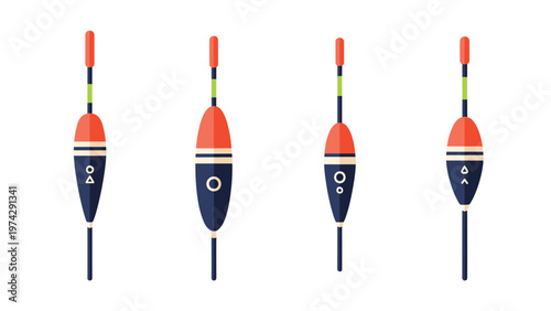 Set of four colorful fishing floats or bobbers illustrated in different shapes for angling and lake activities.