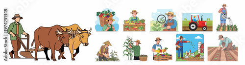 Farmer Activities Vector Illustration, Agriculture Concept with Traditional Plowing, Modern Tractor, Harvesting and Organic Farming Workers