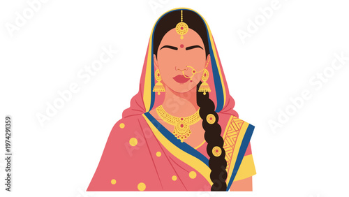 Beautiful Indian woman wearing a traditional pink and yellow sari with intricate gold jewelry and a long braided hairstyle.