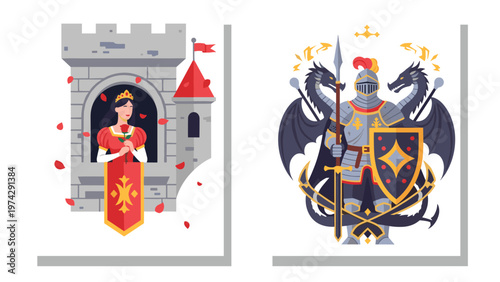 Fairy tale scene featuring a beautiful princess in a stone tower window and a brave knight in full armor with two dragons.