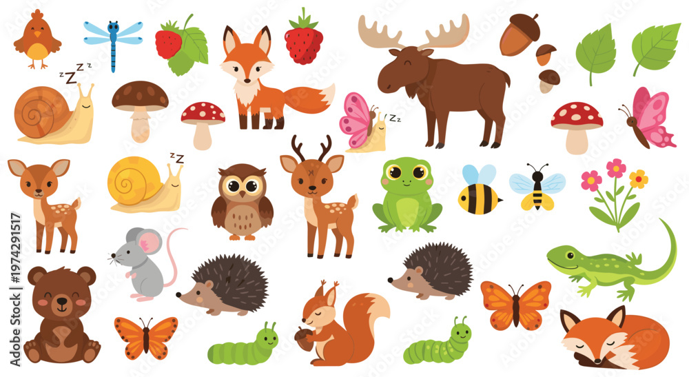 Fototapeta premium Adorable wildlife set featuring fox bear moose owl and deer. including insects plants berries and mushrooms. flat cartoon style icons isolated on white background for nursery or education.