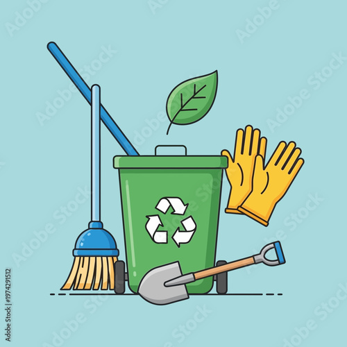 Green recycling bin with tools.