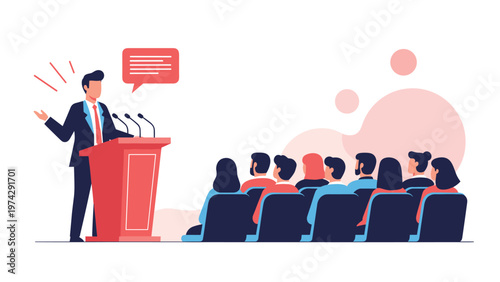 Confident male professional in a business suit giving a presentation from a podium to a seated audience in a conference room.