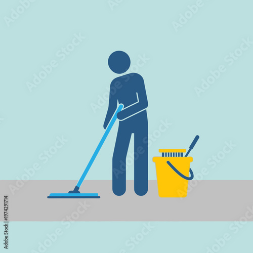Person holding mop and bucket cleaning.