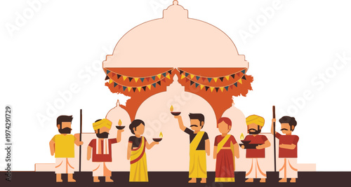Taj mahal illustration with traditional guards isolated on transparent background