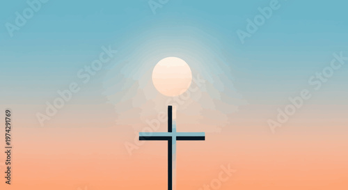 Cross Symbol Against Sunlit Sky with Clouds.