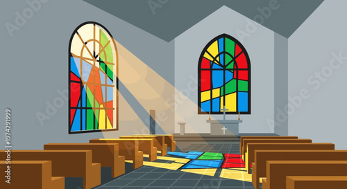 Colorful Stained Glass Windows Inside Church Interior.
