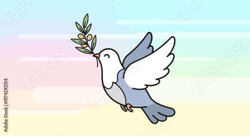 Peaceful Dove Flying with Olive Branch in Beak.