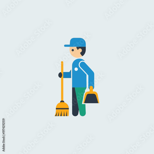 Janitor holding broom and dustpan.