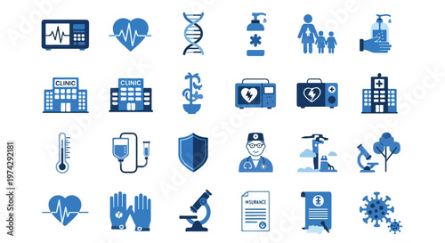 This vector collection features a variety of medical and healthcare icons, such as clinics, doctors, and equipment, in a unified blue color palette.