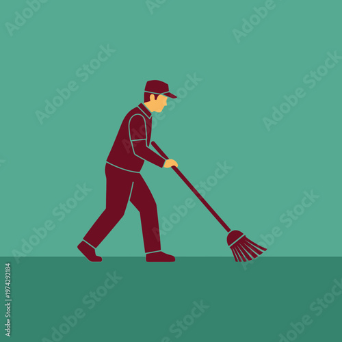 Man in uniform sweeping with broom.