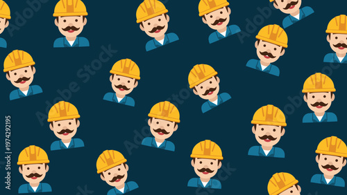 Repeating pattern design featuring a friendly construction worker wearing a yellow hard hat and blue uniform on a dark background.