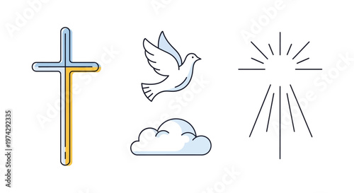 Religious Symbols Including Cross Dove Cloud and Sunburst.