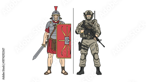Side by side comparison of an ancient Roman legionary soldier with a shield and a modern tactical soldier with an assault rifle.