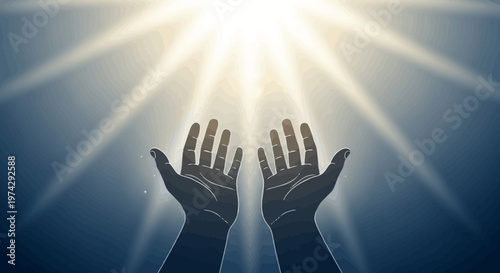 Hands Reaching Toward Bright Sunlight in Sky.