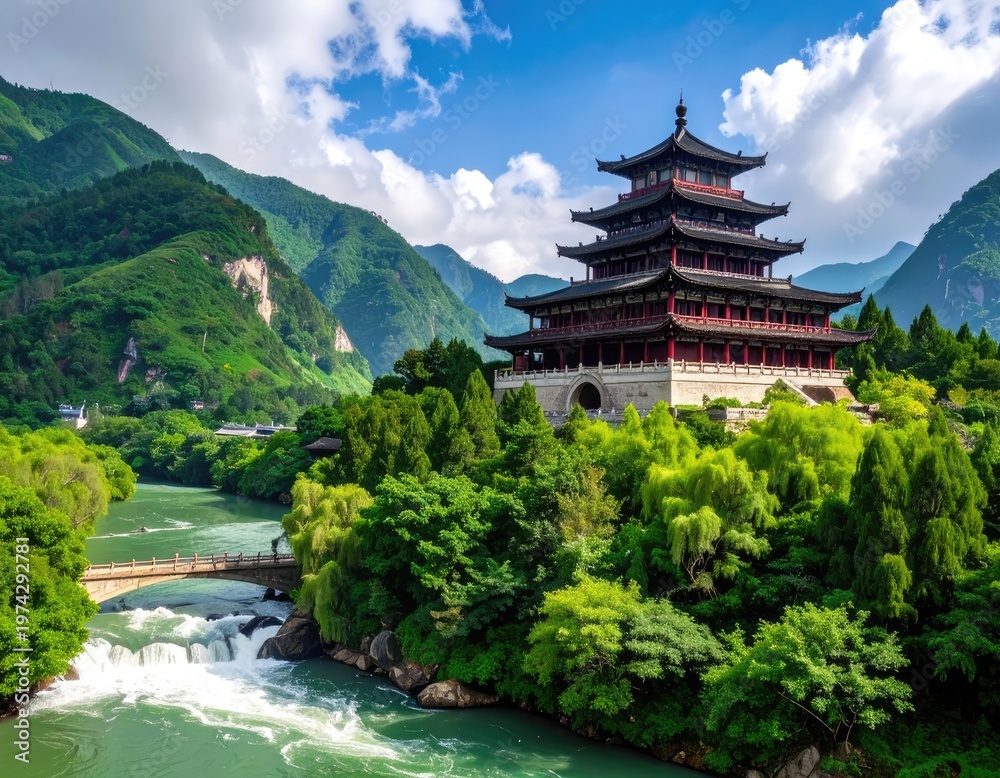 Fototapeta premium A stunning panoramic view showcases a traditional Chinese pagoda nestled amidst lush green mountains and a flowing river, creating a picturesque and serene landscape.