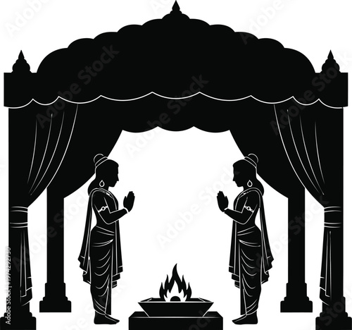 Intricate silhouette of an indian gate with figures isolated on transparent background