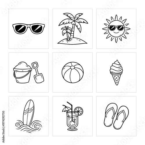 Summer vacation themed doodles including beach items and a tropical island icon